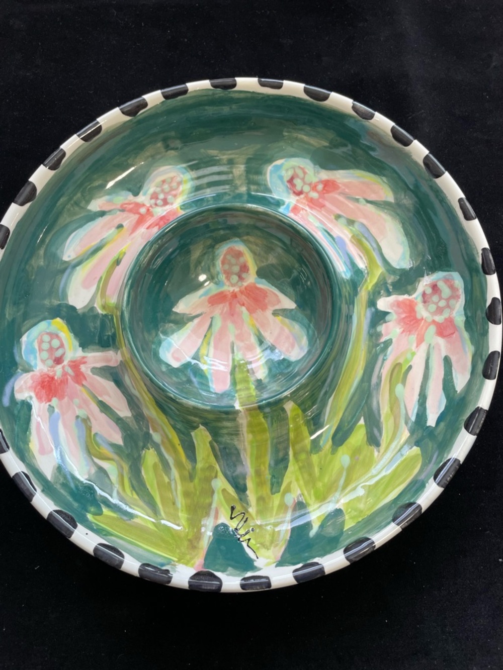 Hand painted Pink Cone Flowers “Ceramic Chip And Dip 12” Original De